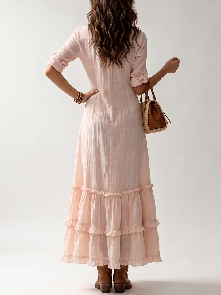 Pink Shirt Ruffle Hem Maxi Dress