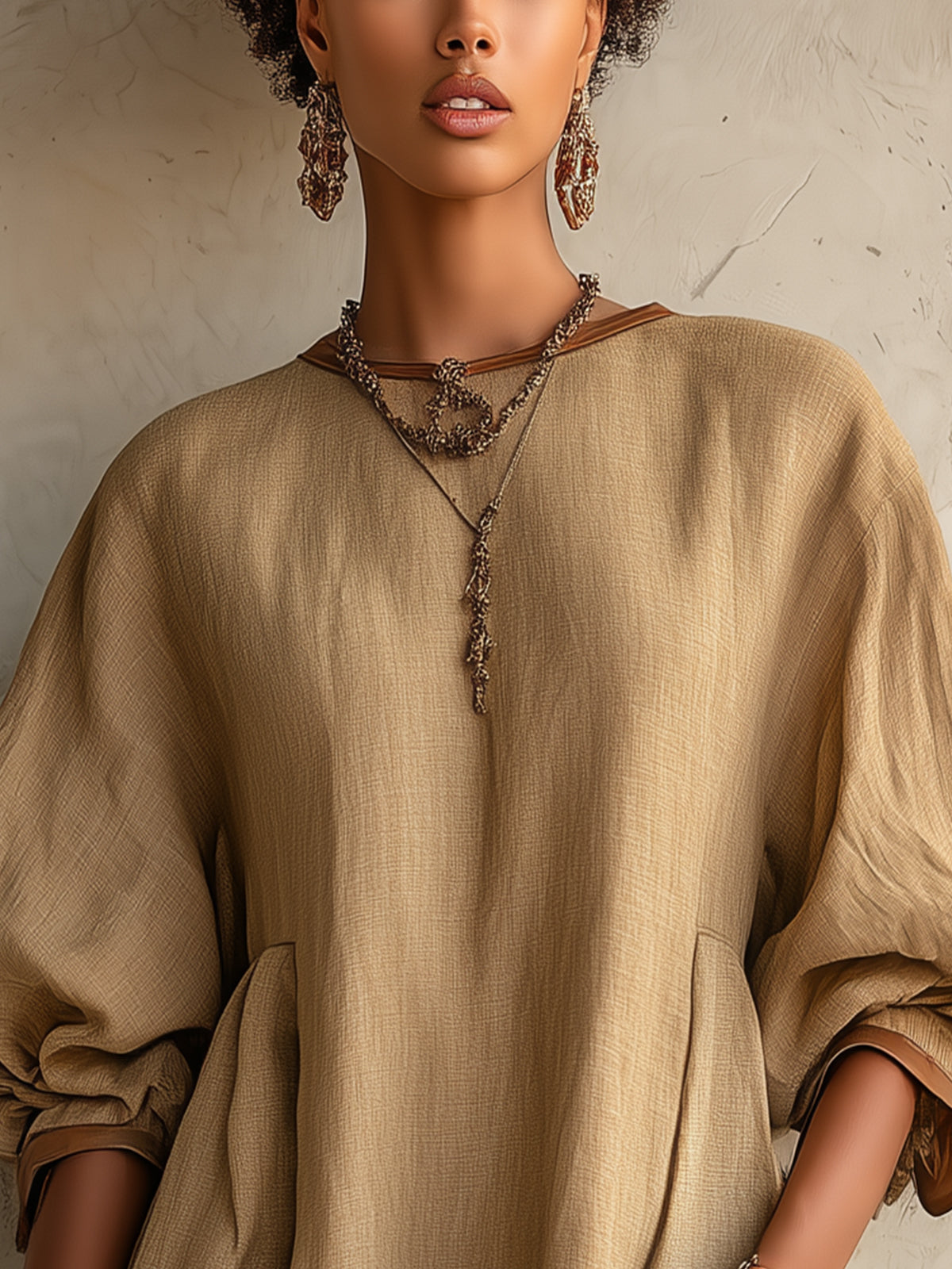 Khaki Linen Textured Balloon Sleeve Oversized Pocket Mini Dress