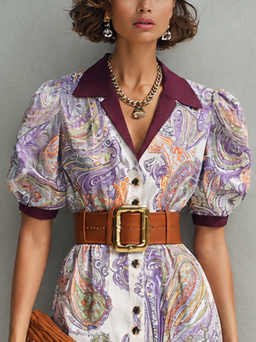 Retro French Style Purple Paisley Print Lapel Puff Midi Shirt Dress (Belt Included)