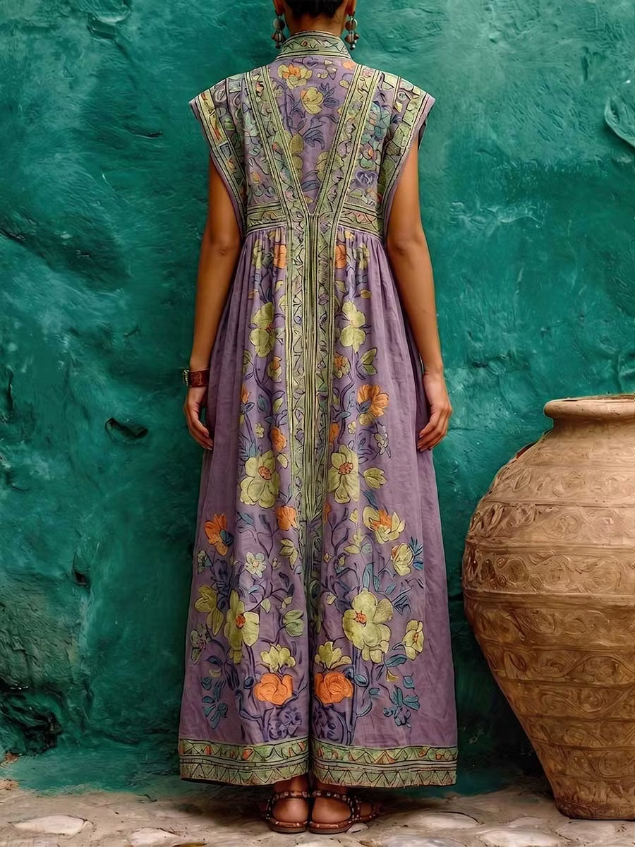 Ethnic-style partial print loose maxi dress with pockets