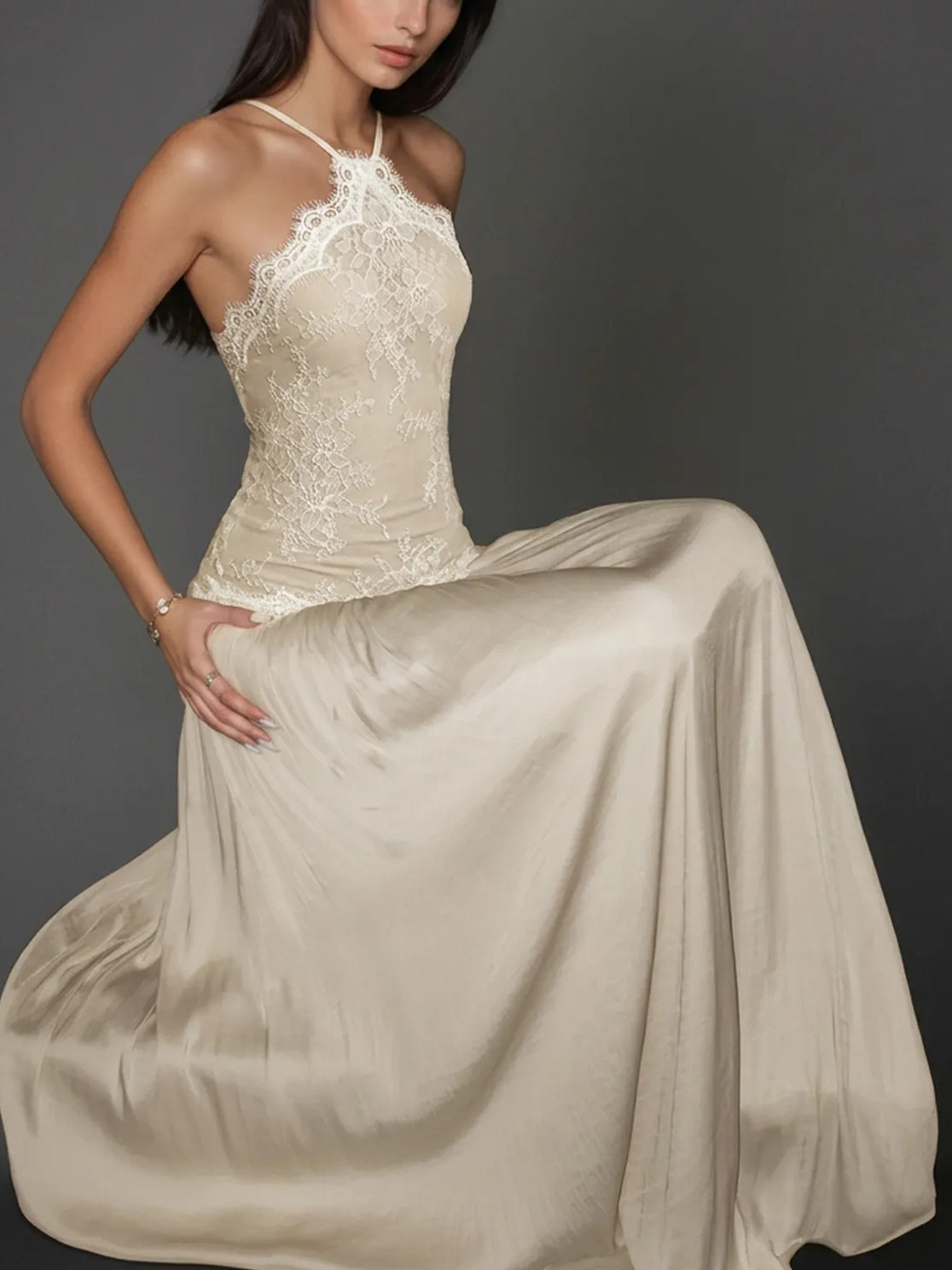 Off-the-Shoulder Floral Lace-Paneled Pleated Maxi Dress