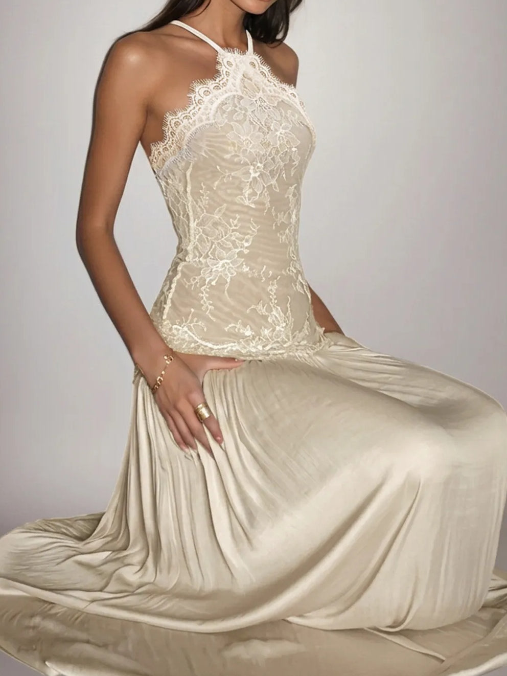 Off-the-Shoulder Floral Lace-Paneled Pleated Maxi Dress