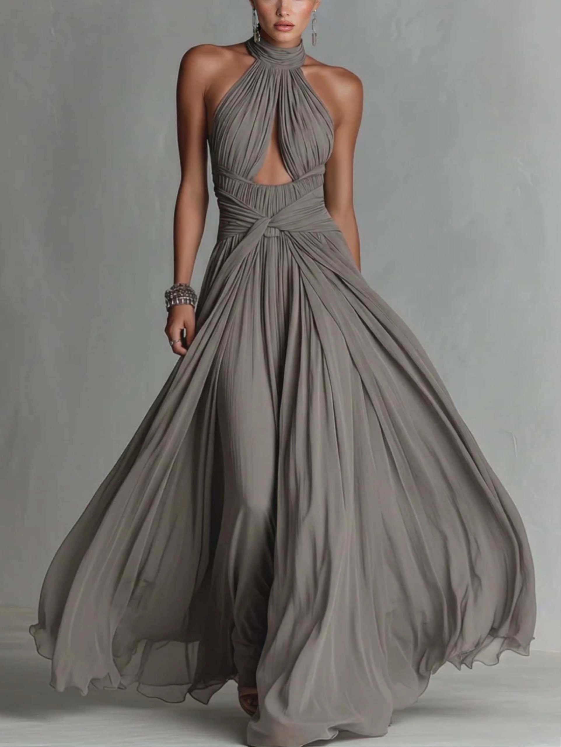 Elegant Grey High-Neck Ruched Cut-Out Flowing Maxi Dress