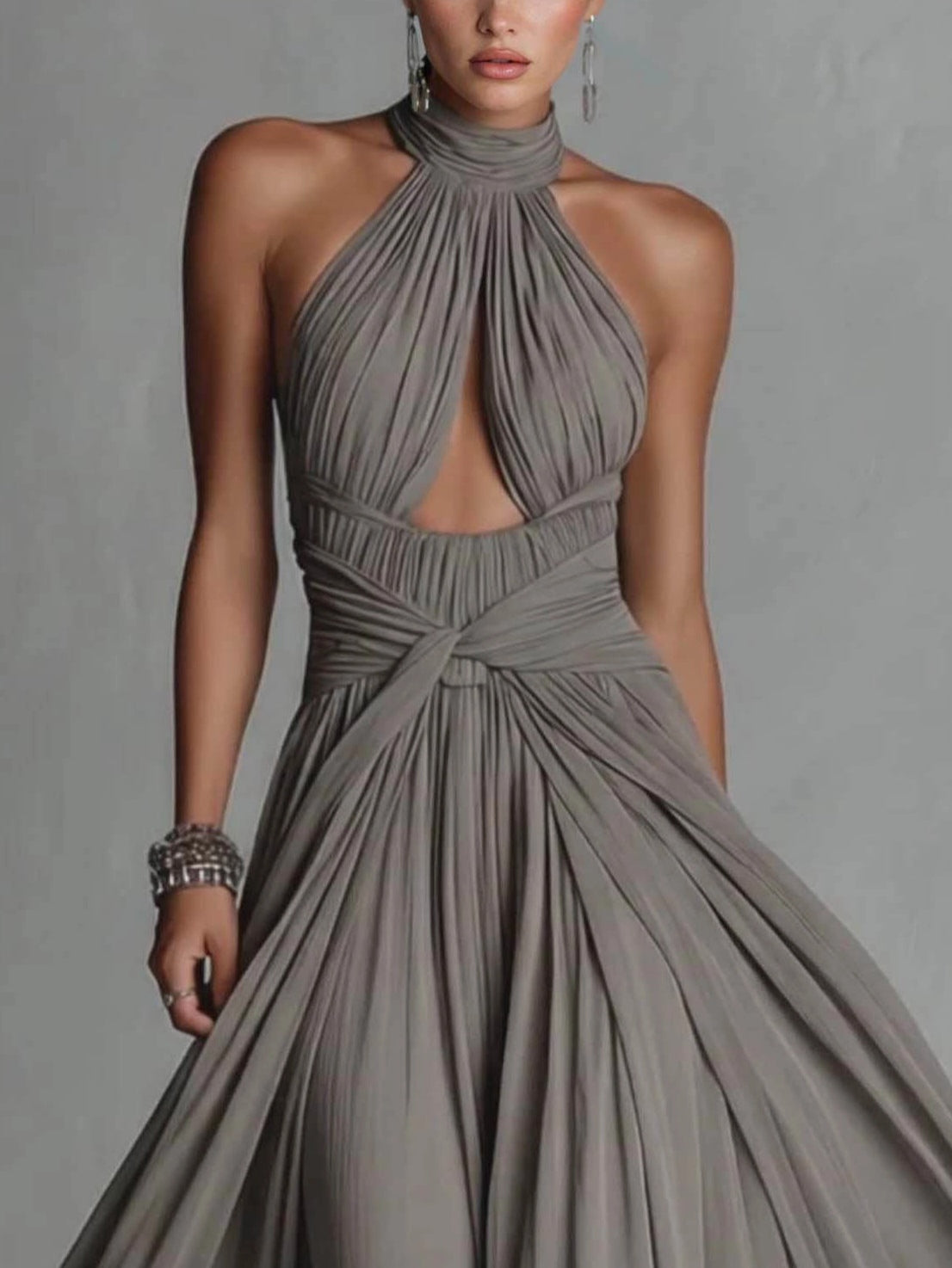 Elegant Grey High-Neck Ruched Cut-Out Flowing Maxi Dress