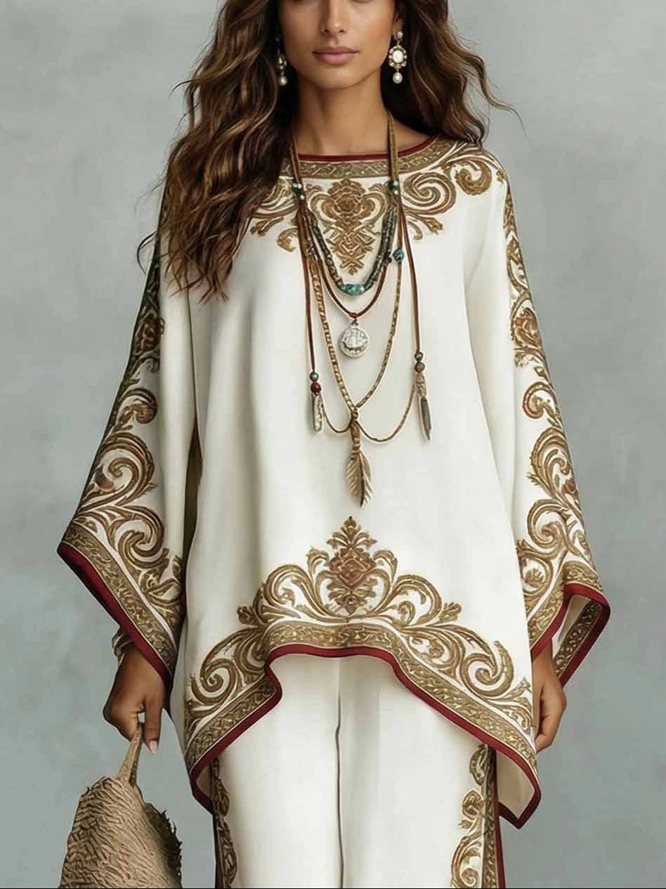 Elegant Satin Printed Oversized Shawl Top & Pants Two-Piece Set