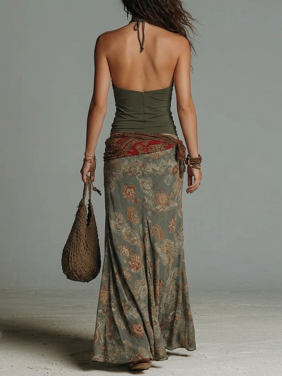 Green Halter Neckline Paisley Vintage Print Maxi Dress