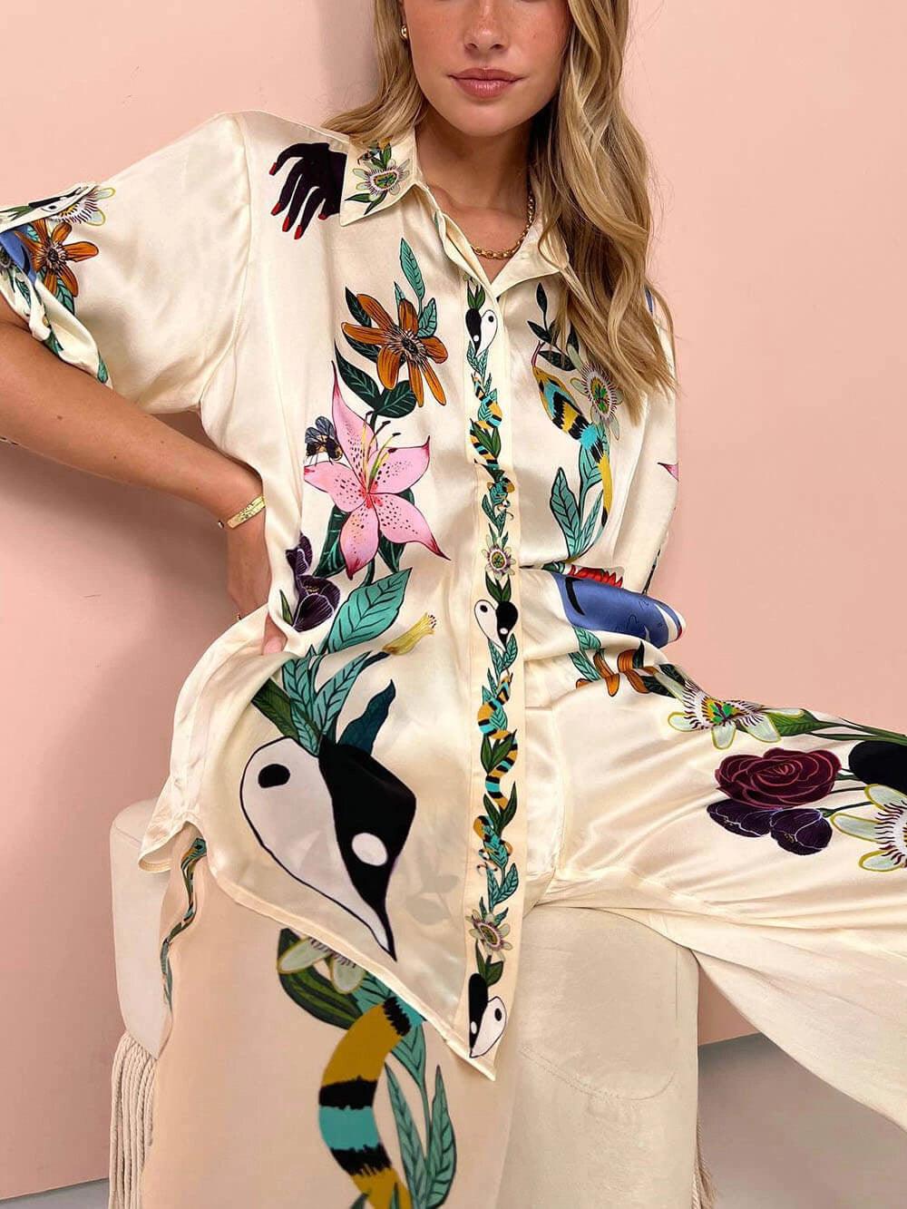 Satin unique print shirt & trousers set