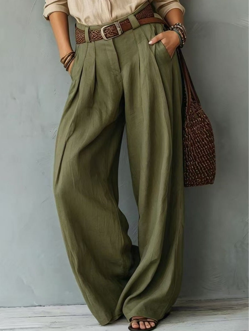 Boho Beige Loose-Fit Shirt and Green Wide-Leg Pants Set(Belt included)