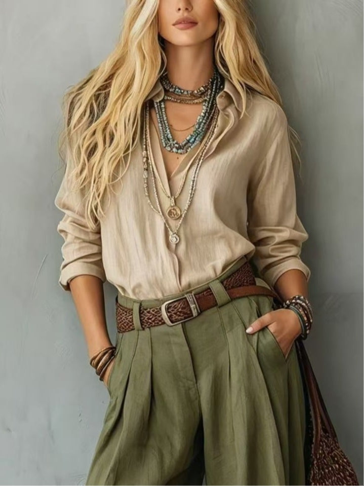 Boho Beige Loose-Fit Shirt and Green Wide-Leg Pants Set(Belt included)