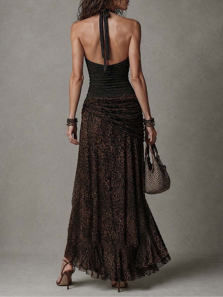 Retro Halter Top And Leopard Print Pleated Skirt Set