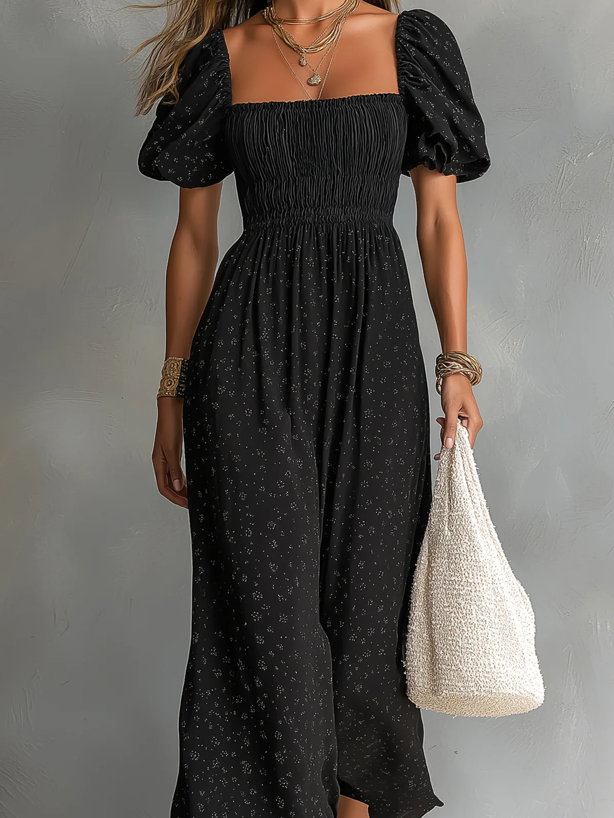Black Square Neck Short Puff Sleeve Pleated Floral A-line Maxi Dress