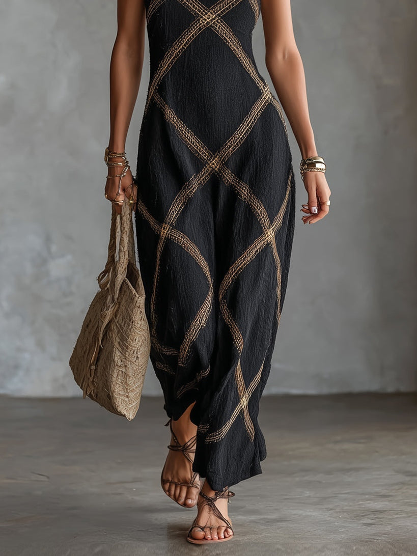 Black Geometric Camel Print Halter-neck A-line Maxi Dress