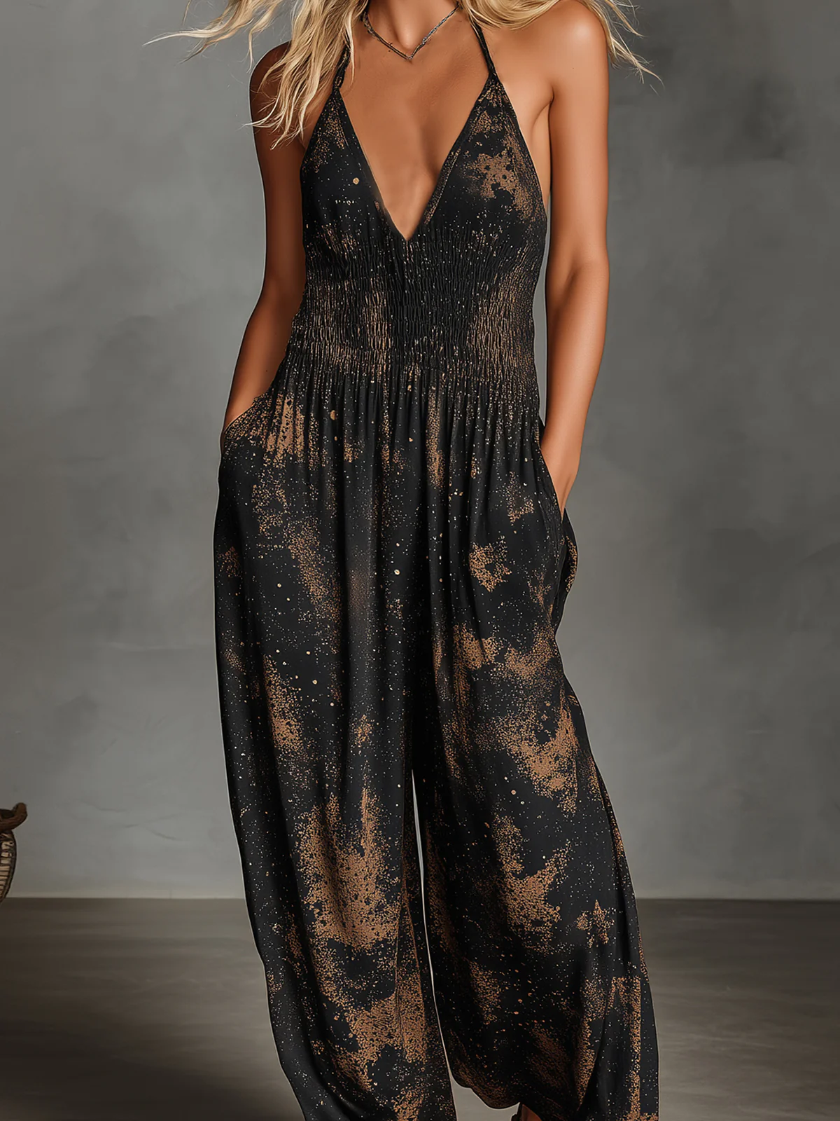 Black Brown Tie-dye Print Halter Neck Wide-leg Jumpsuit