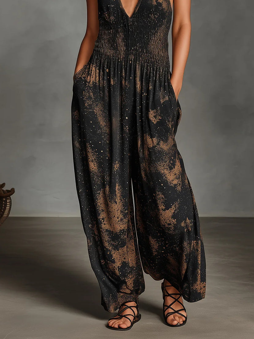 Black Brown Tie-dye Print Halter Neck Wide-leg Jumpsuit