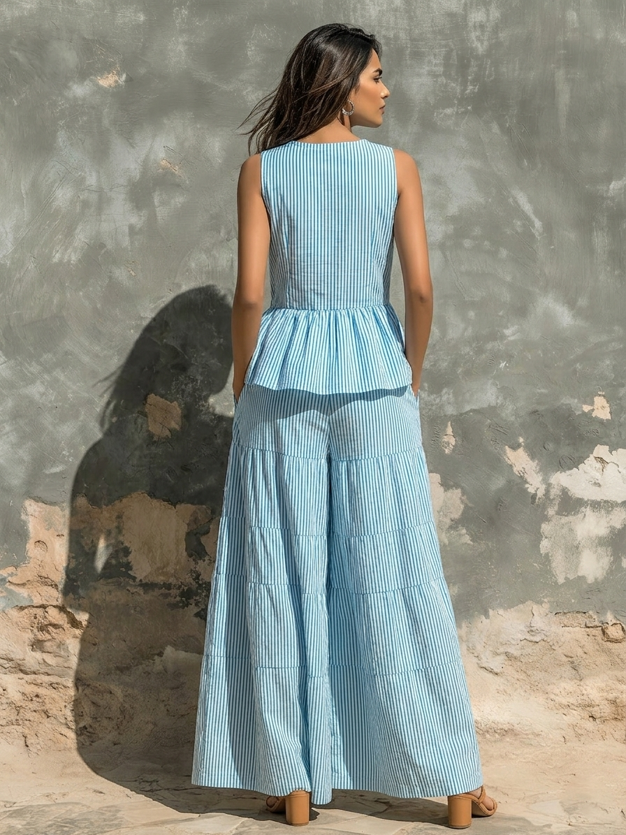 Blue White Striped Ruffled Vest And Loose Wide-leg Pants Two-piece Set