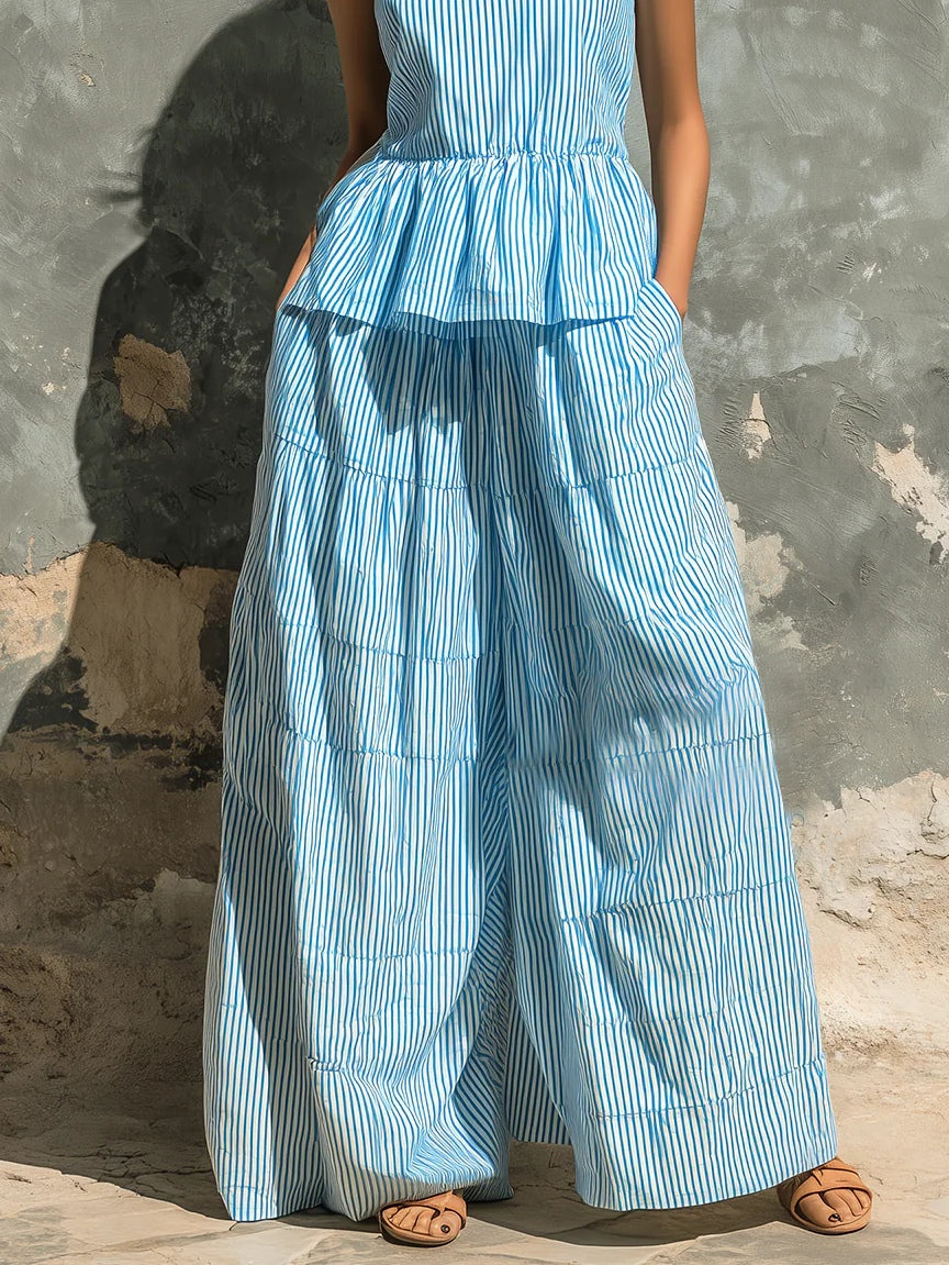 Blue White Striped Ruffled Vest And Loose Wide-leg Pants Two-piece Set