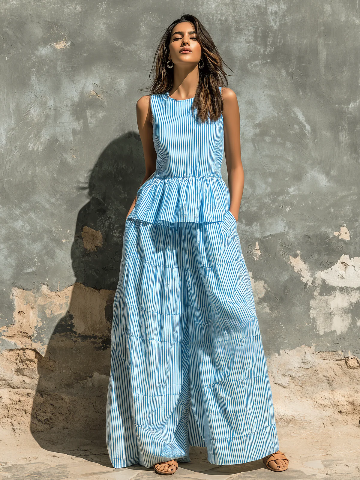 Blue White Striped Ruffled Vest And Loose Wide-leg Pants Two-piece Set