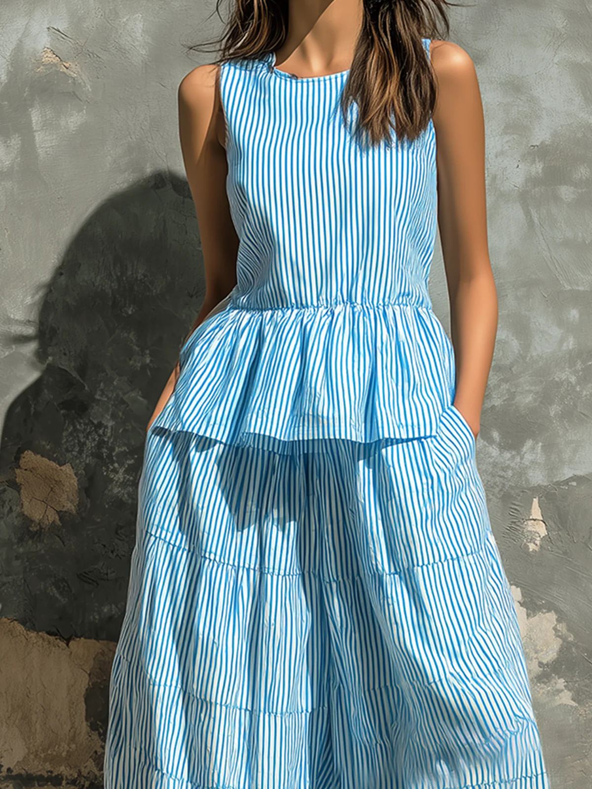 Blue White Striped Ruffled Vest And Loose Wide-leg Pants Two-piece Set
