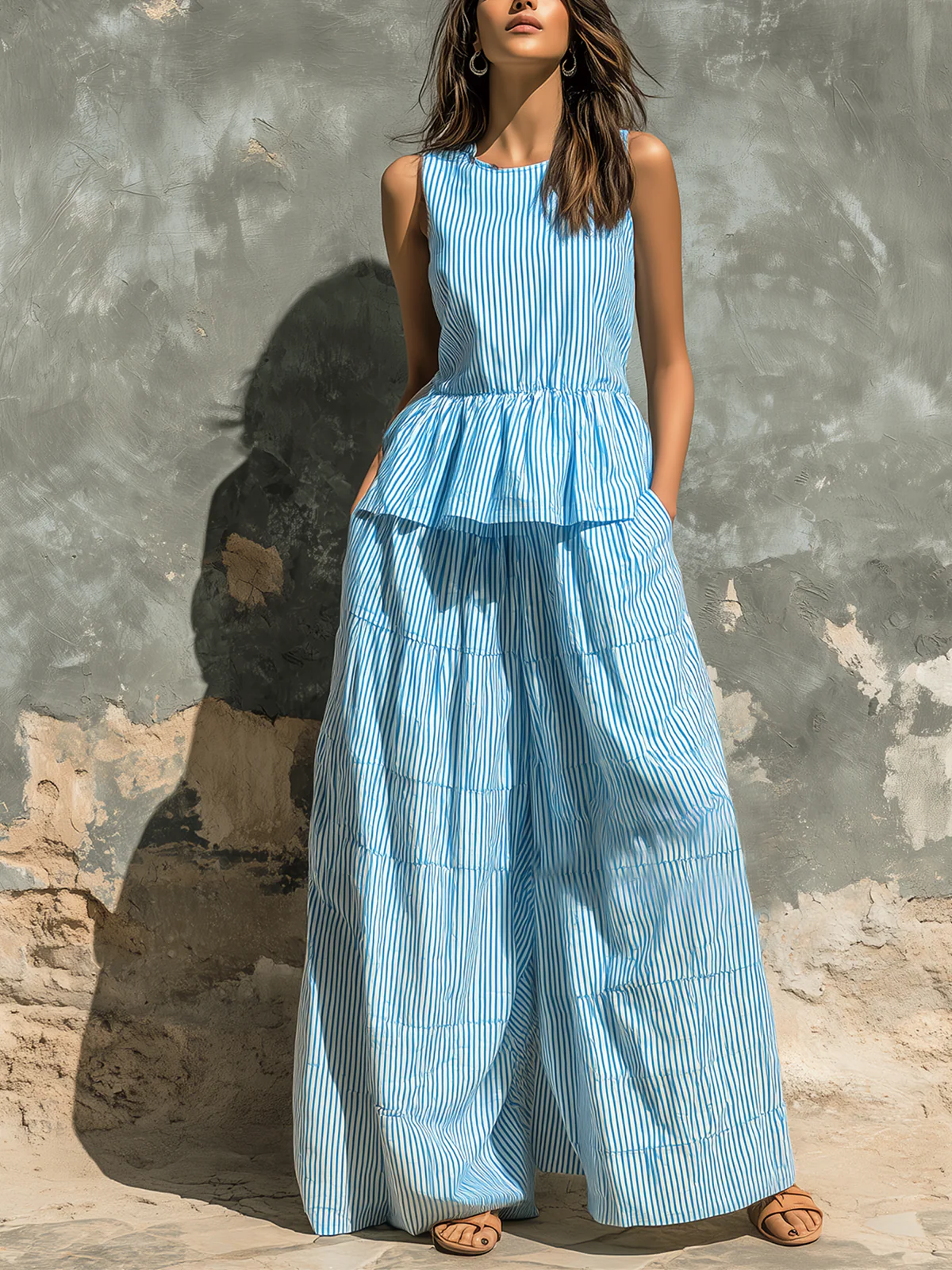 Blue White Striped Ruffled Vest And Loose Wide-leg Pants Two-piece Set