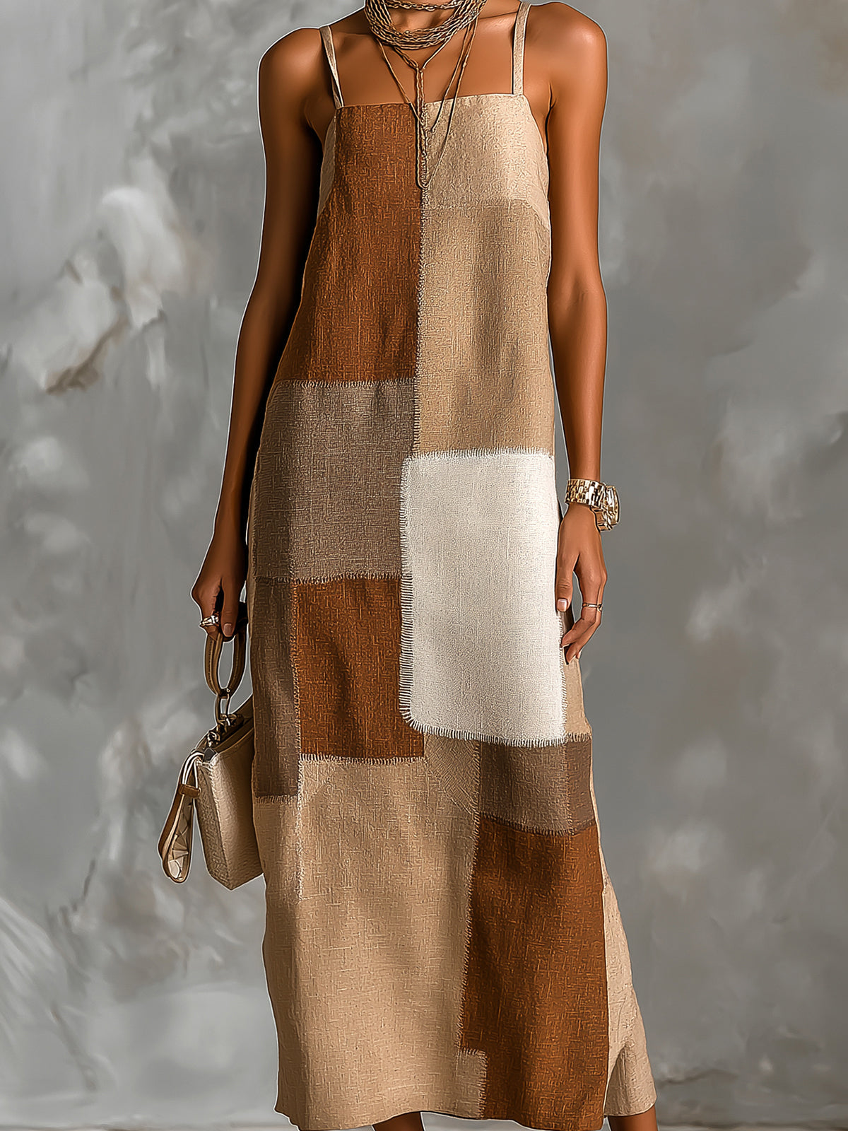 Brown Colorblock Spaghetti Straps Square-Neck Sleeveless Maxi Dress