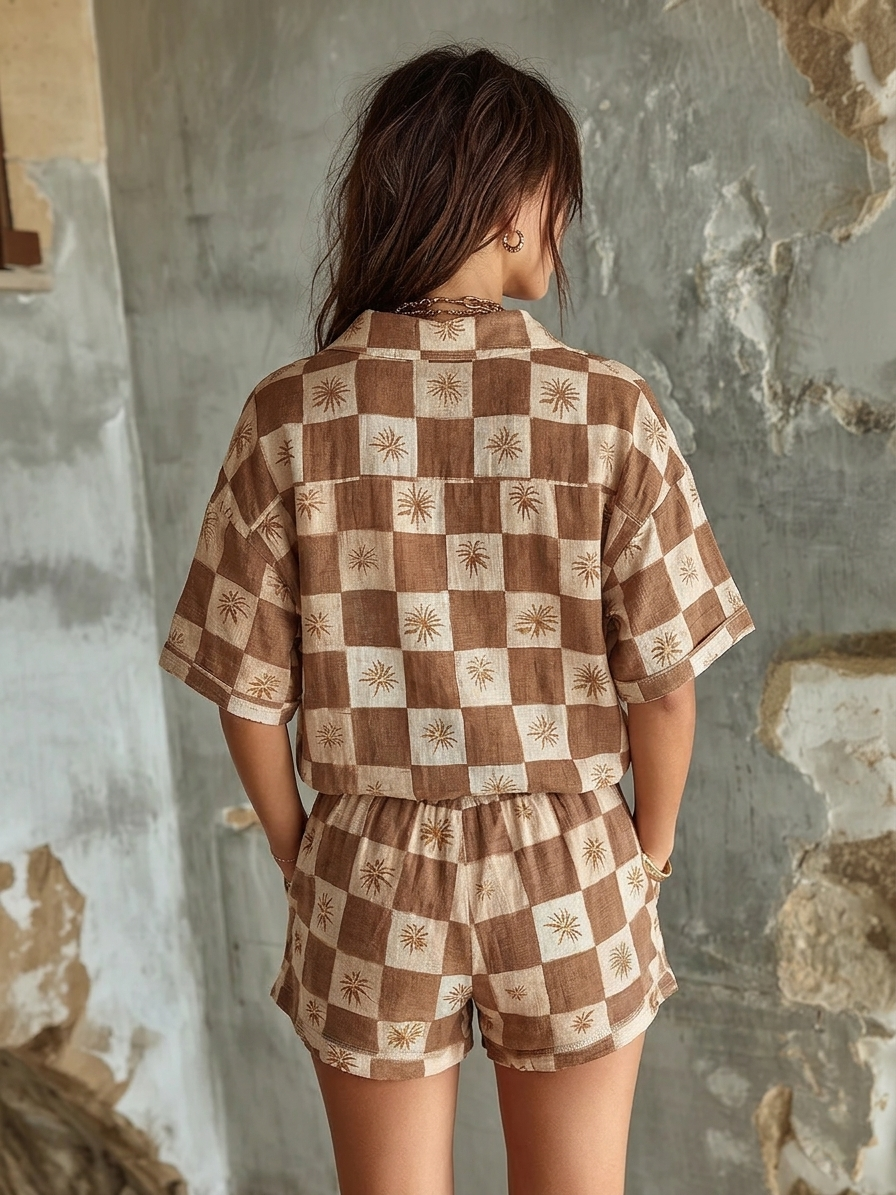 Brown Plaid Tropical Palm Print Shirt And Tie-waist Shorts Two-piece Set