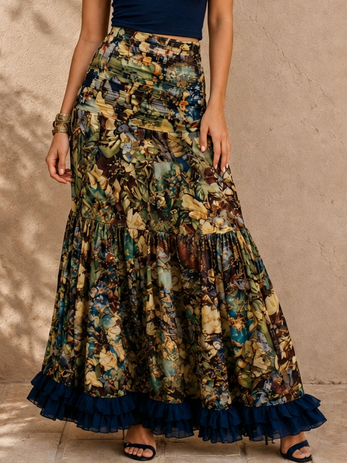 Navy Blue Knit Crop Top And Floral Print Skirt Set