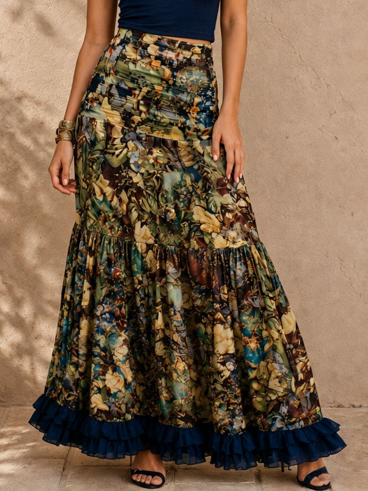 Navy Blue Knit Crop Top And Floral Print Skirt Set