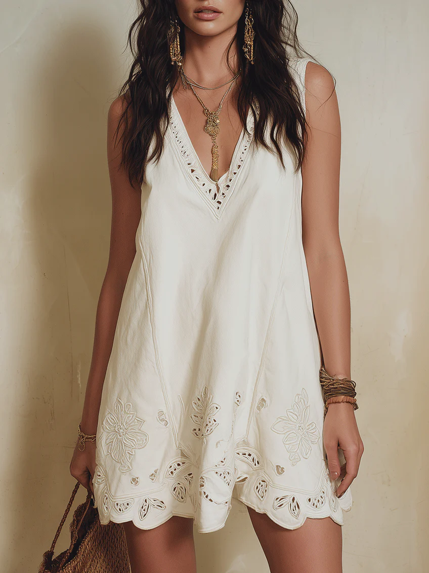Ivory Bohemian V-neck Hollowed-out Lace Mini Dress