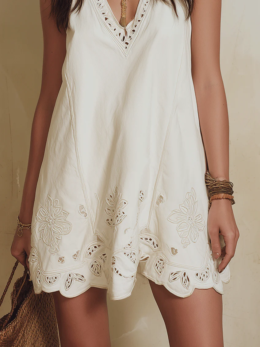 Ivory Bohemian V-neck Hollowed-out Lace Mini Dress
