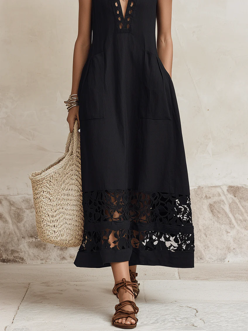 Black Sleeveless V-neck Cutout A-line Midi Dress
