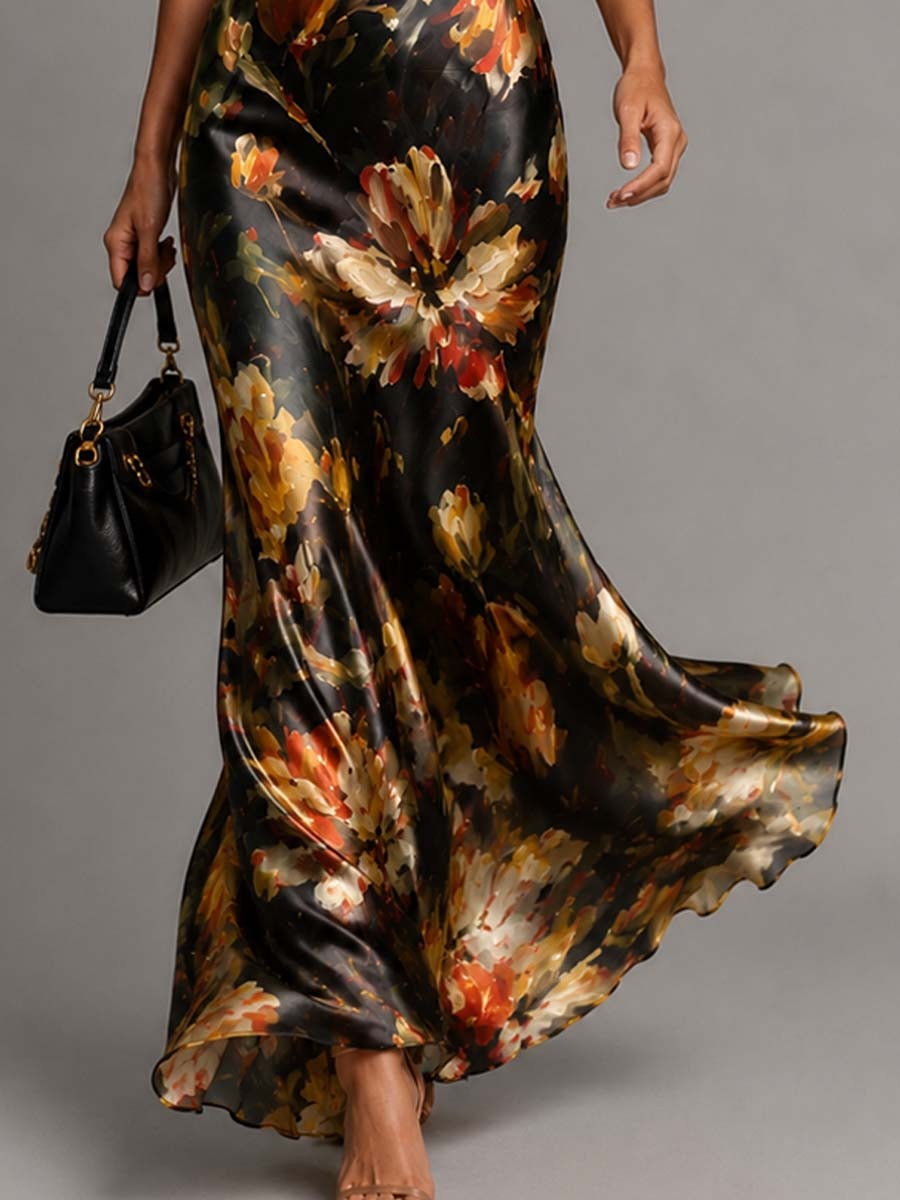 Black Draped Floral Print Satin Halter Mermaid Maxi Dress