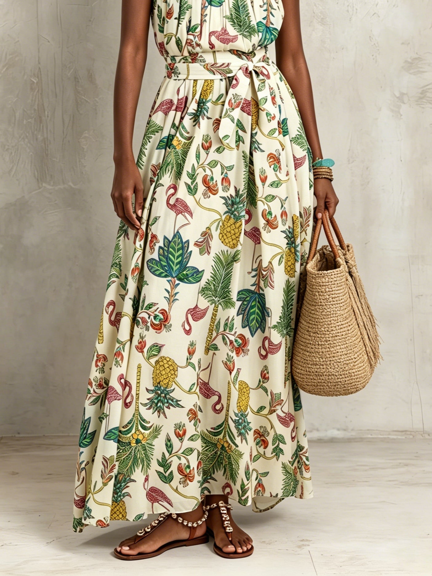 Flamingo And Palm Tree Print U-neck Sleeveless Tie-waist Resort Maxi Dress