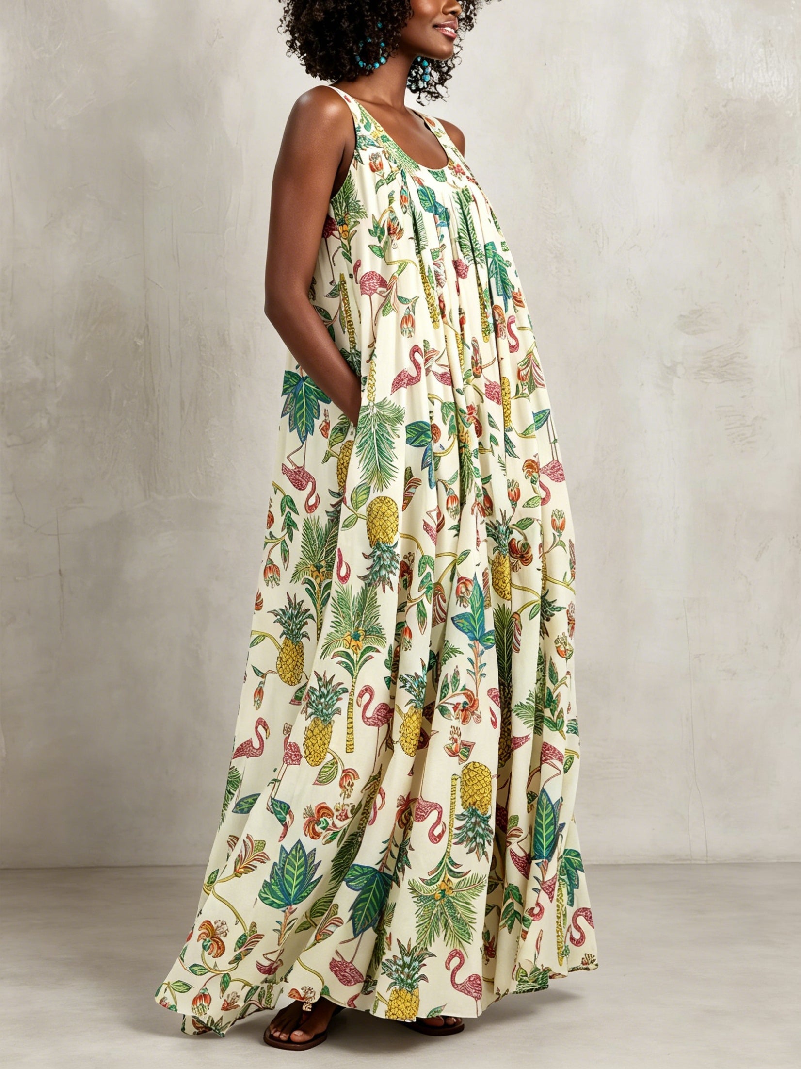 Flamingo And Palm Tree Print U-neck Sleeveless Tie-waist Resort Maxi Dress