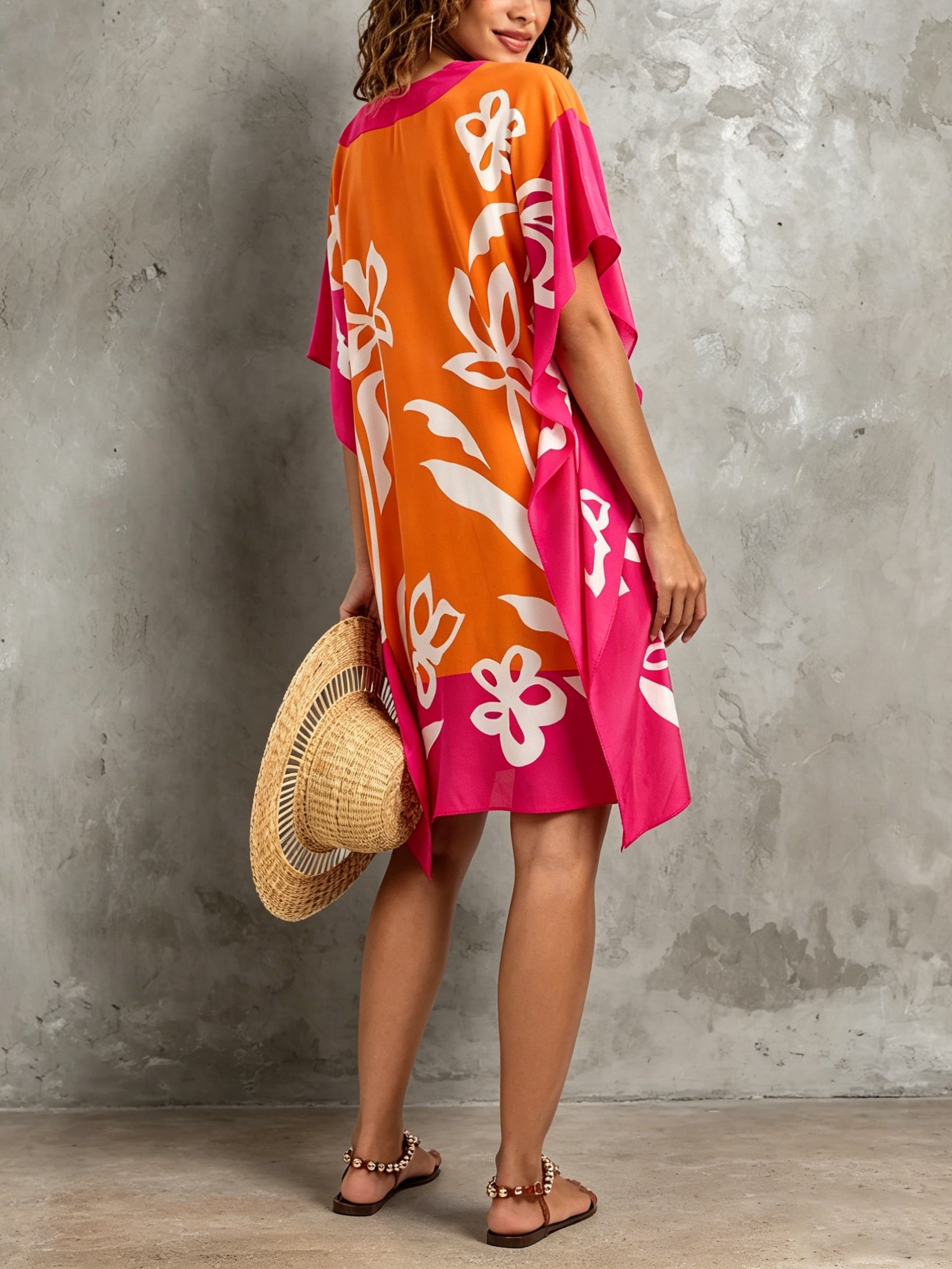 Fuchsia Color-blocked Print V-neck Kaftan Mini Dress