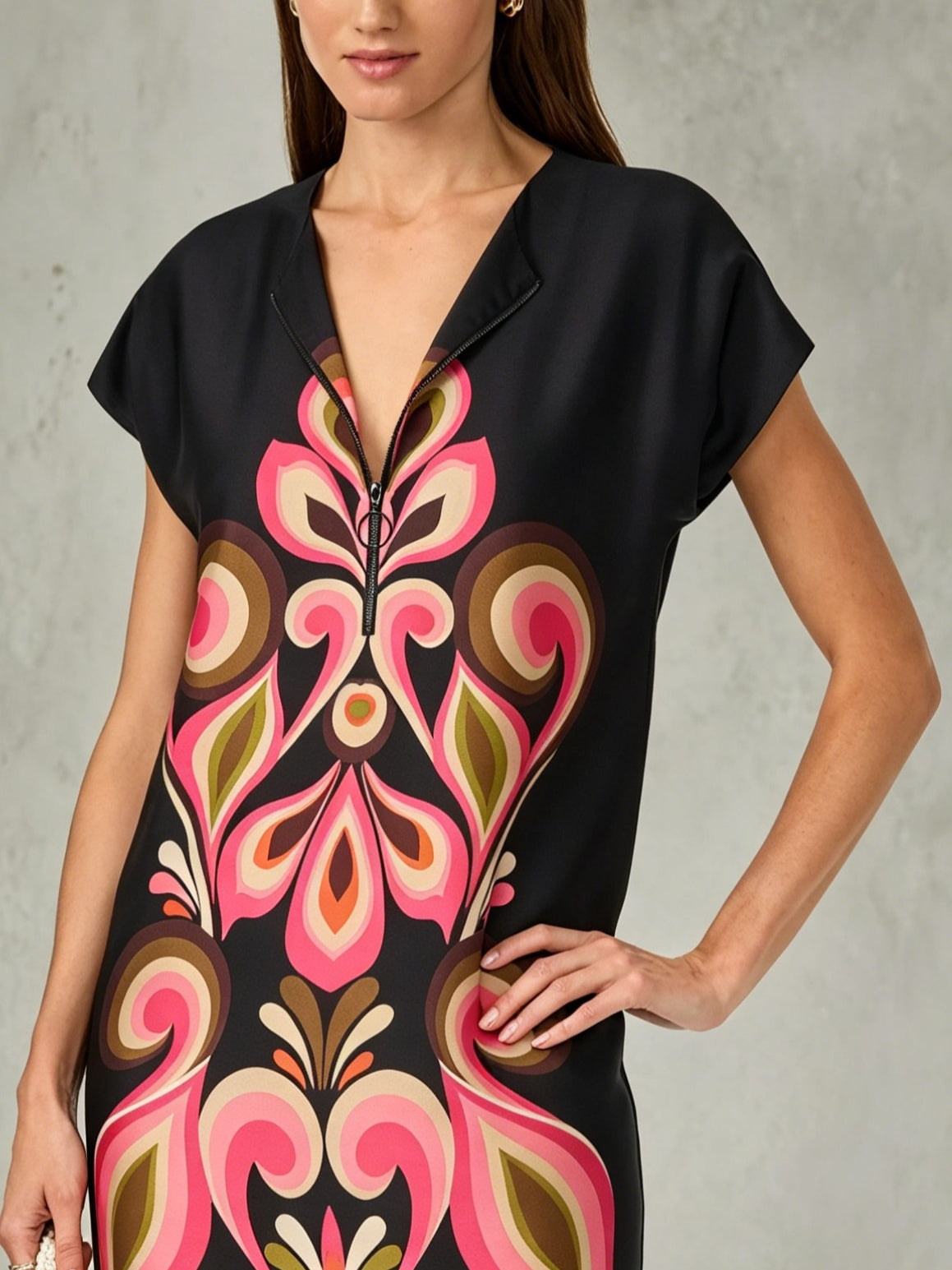Black Zip-up Round Neck Floral Print Loose Mini Dress