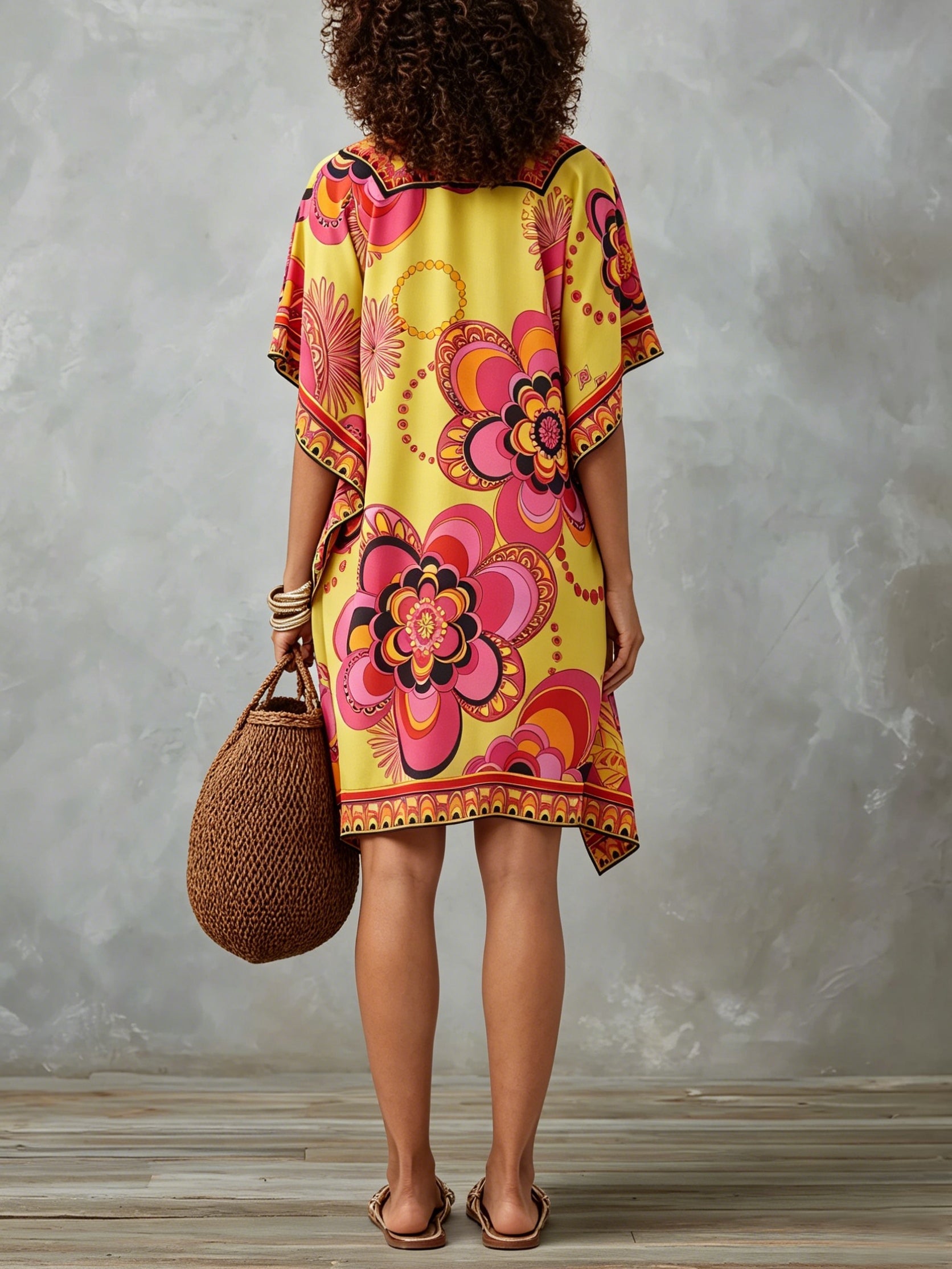 Colorful V-neck Floral Print Loose-fitting Kaftan Mini Dress