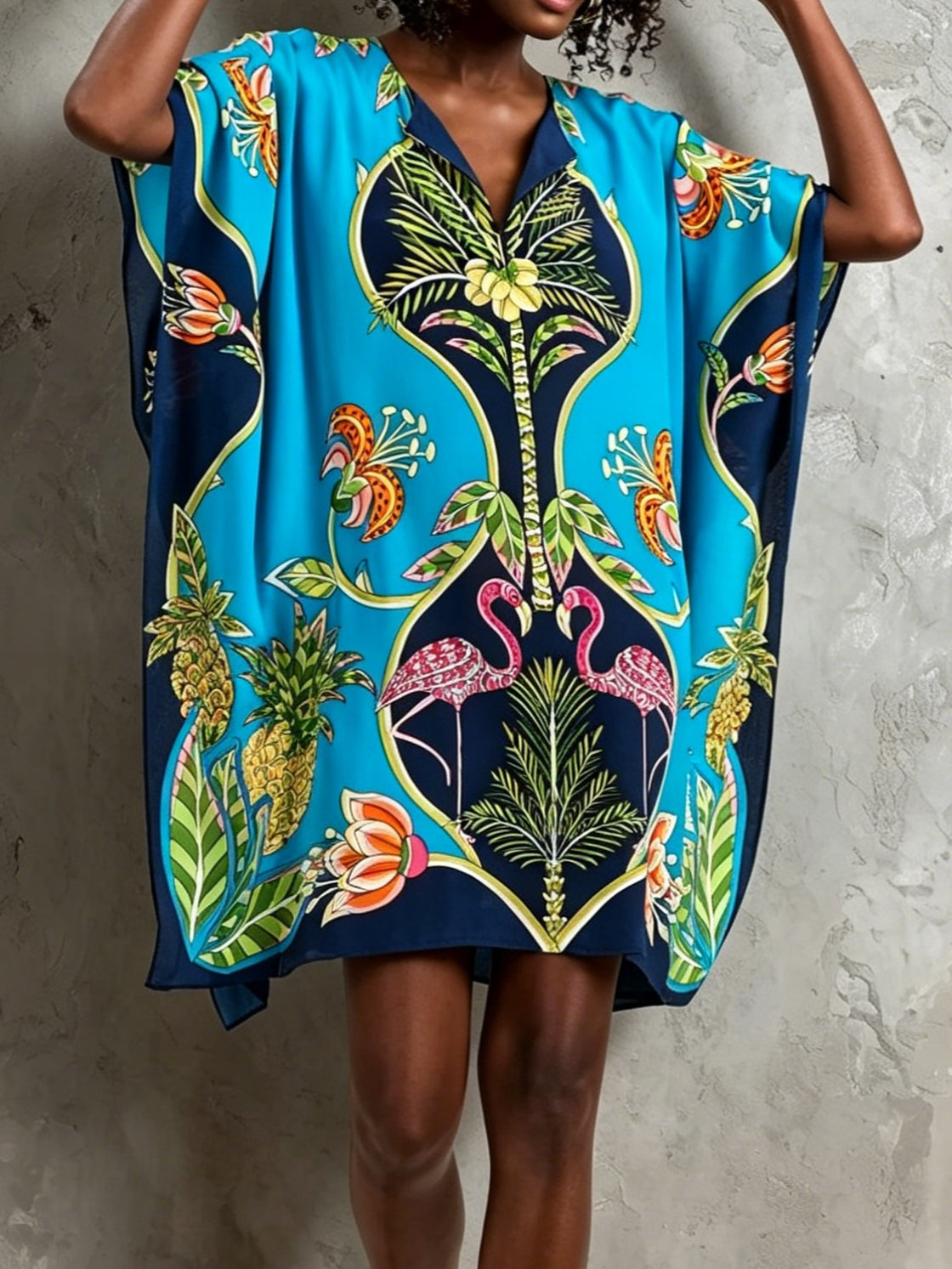 Blue Tropical Print Batwing Sleeve Kaftan Mini Dress