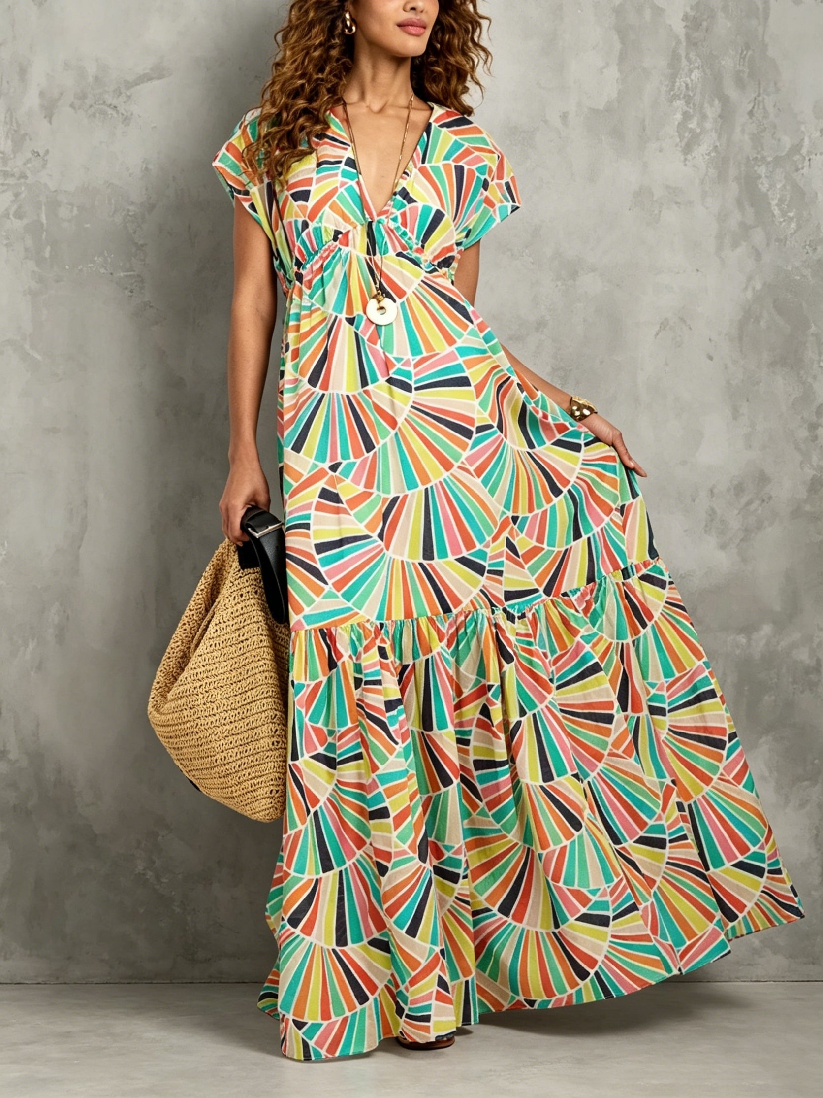 Retro Colorful Fan Print V-neck High-waisted Maxi Dress