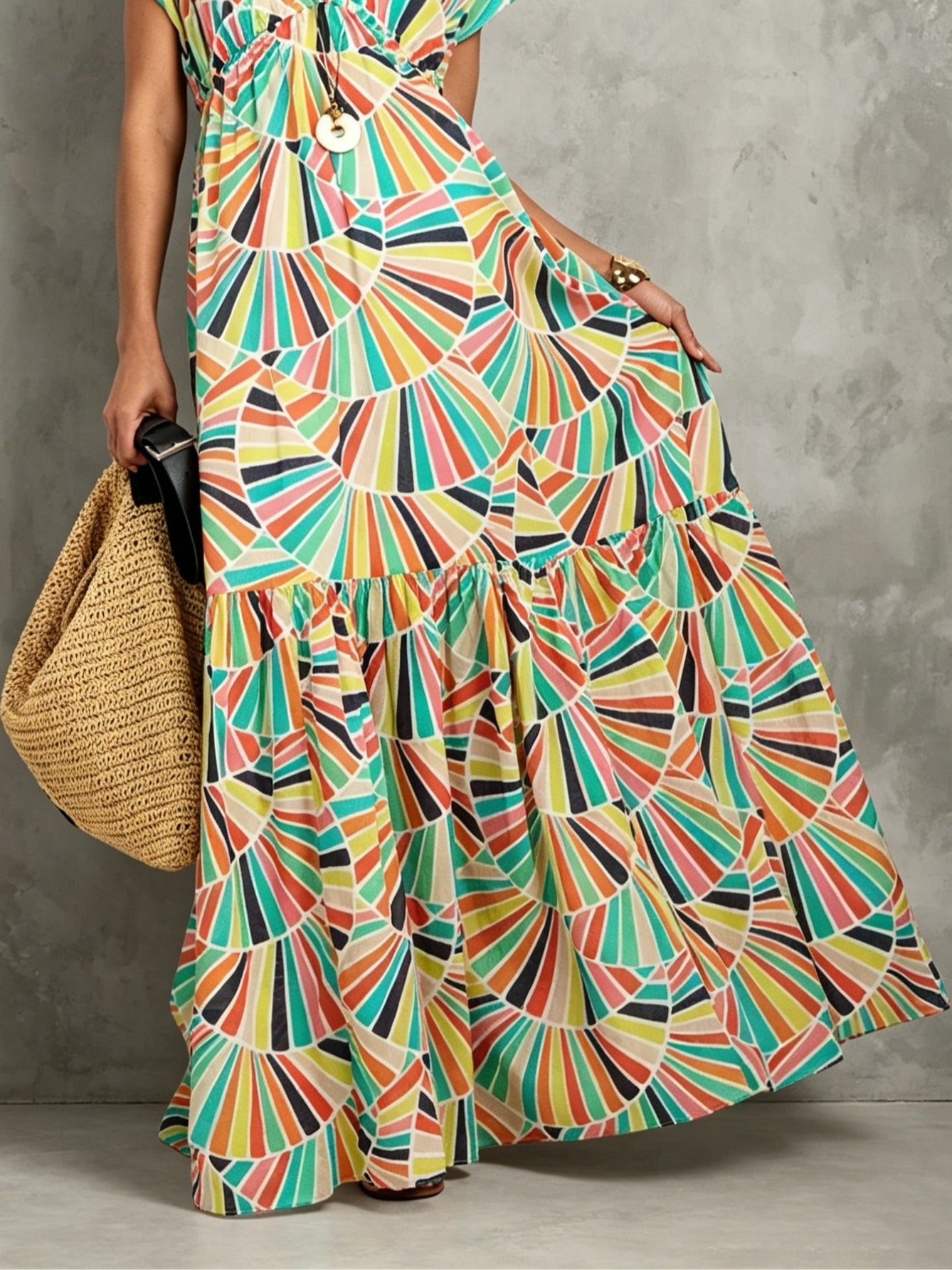 Retro Colorful Fan Print V-neck High-waisted Maxi Dress