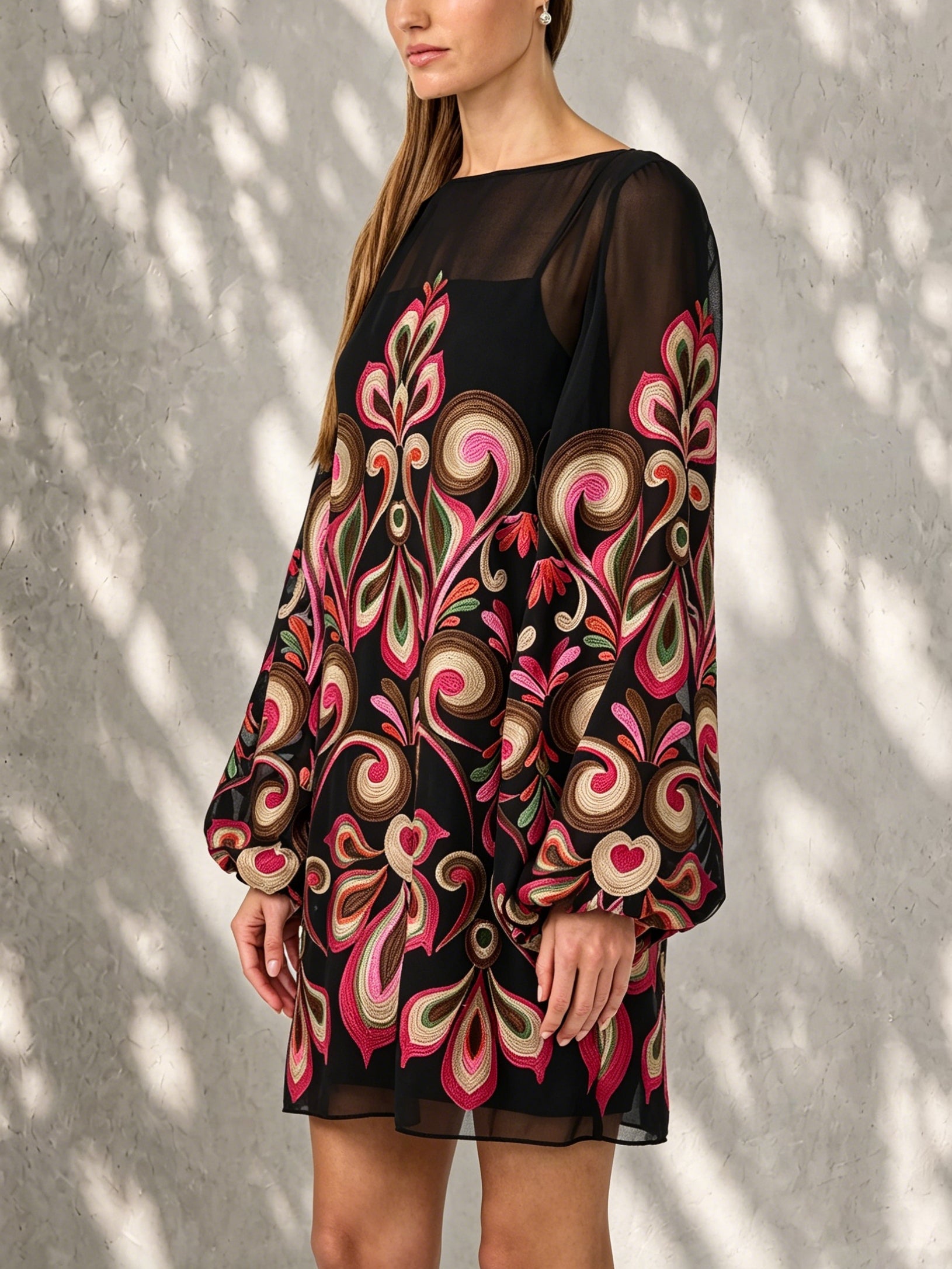 Black Floral Print Lantern Sleeve Boat Neck Chiffon Mini Dress