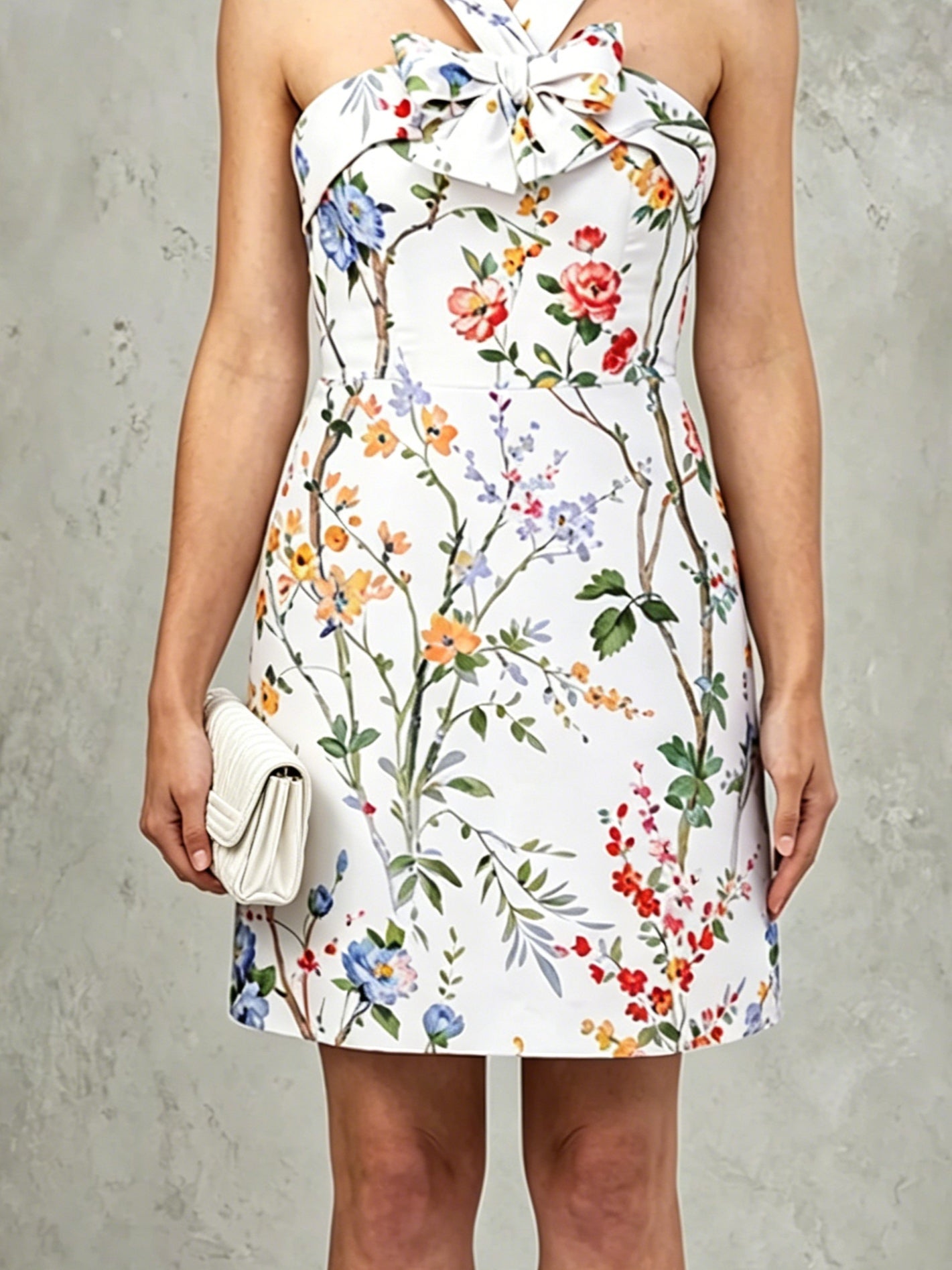 White Floral Print Halter Neck Bow Mini Dress