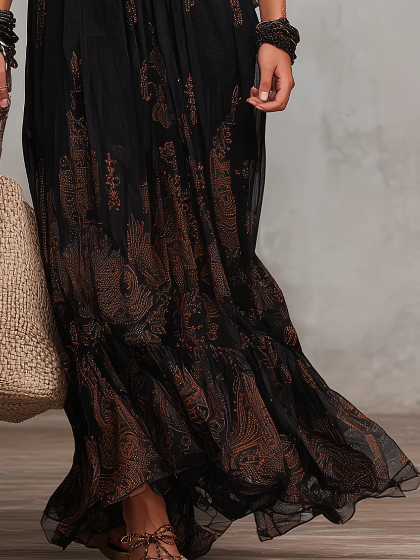 Black V-neck Three-quarter Sleeve Floral Print Chiffon Maxi Dress