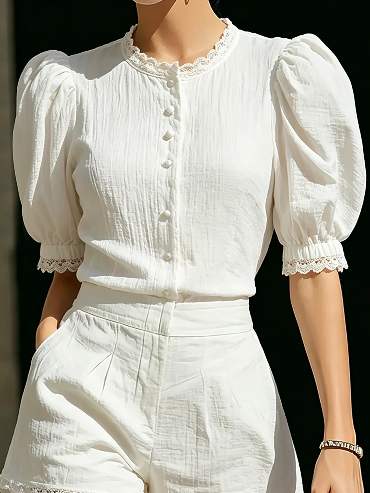 White Lace-trimmed Puff-sleeved Top And Shorts Set