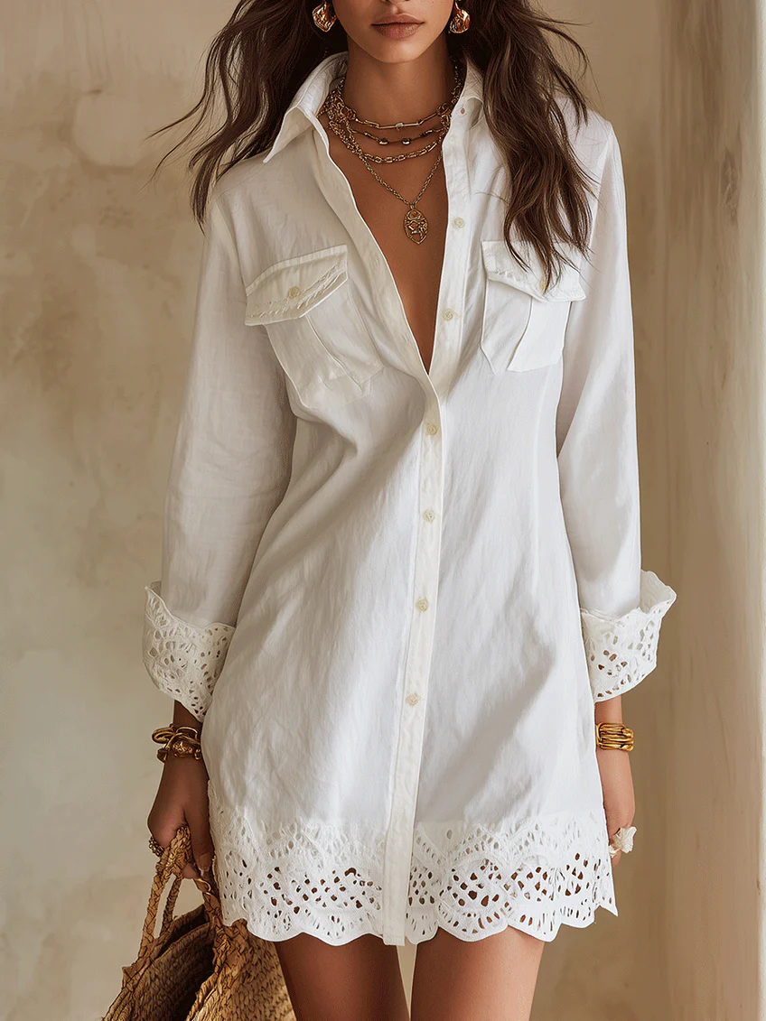 White Openwork Lace Shirt And Loose Mini Dress