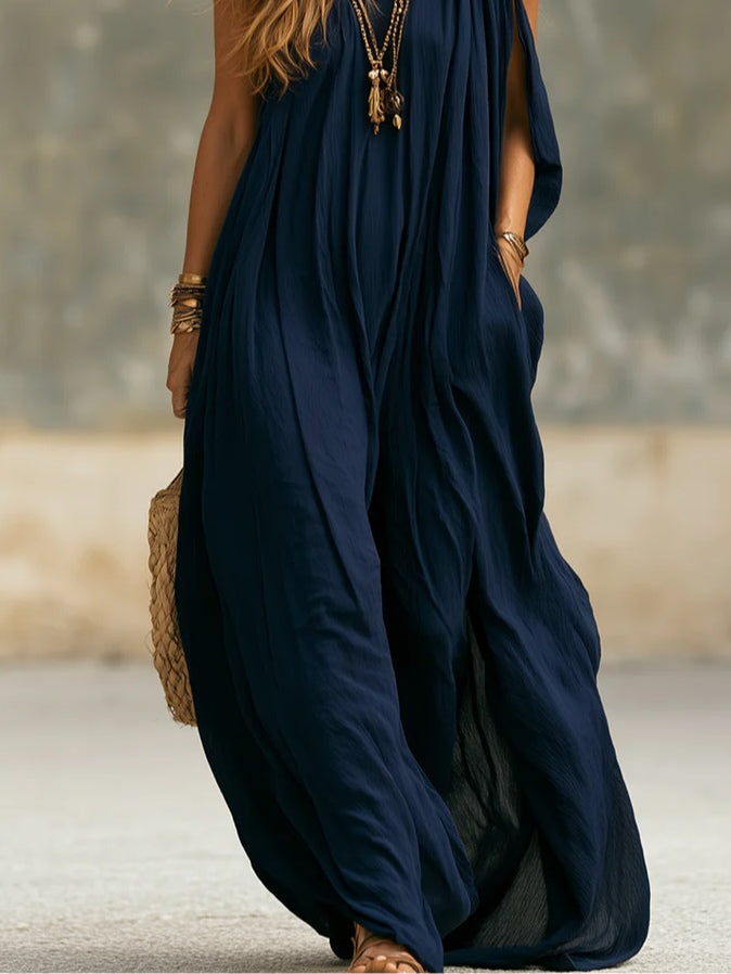 Bohemian Navy Blue Asymmetrical Off-shoulder Maxi Dress