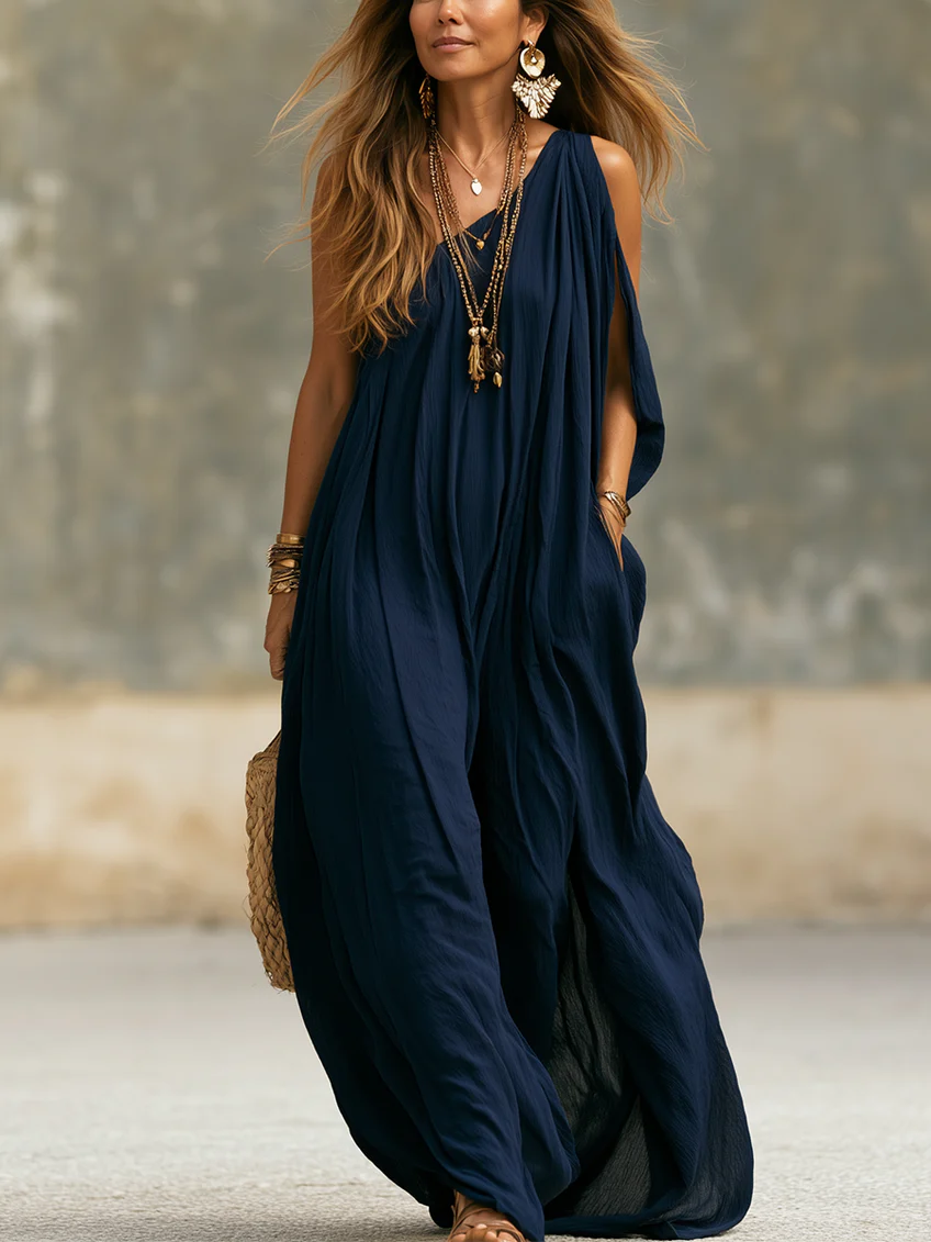Bohemian Navy Blue Asymmetrical Off-shoulder Maxi Dress