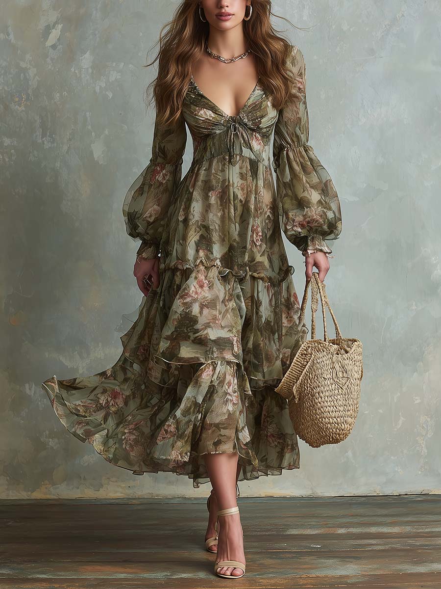 Vintage Green Floral Chiffon Lantern Sleeve Layered Midi Dress