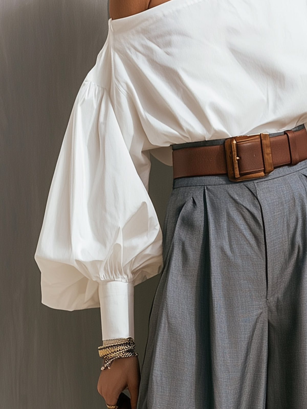 White Puff-sleeved Off-shoulder Top And Gray High-waisted Wide-leg Pants Suit(with belt)