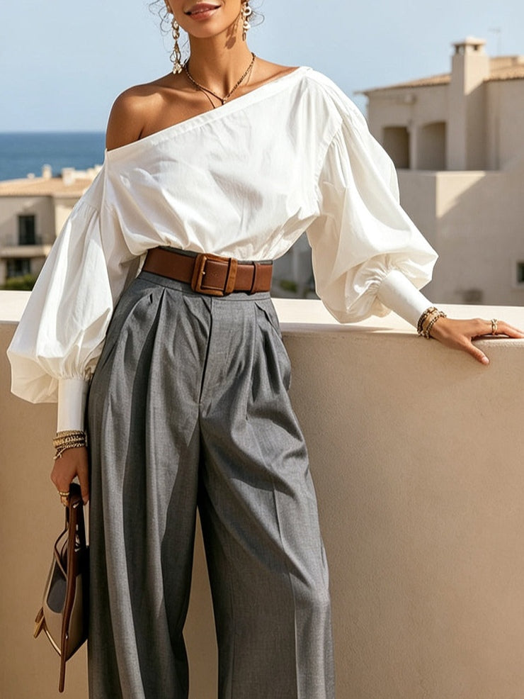 White Puff-sleeved Off-shoulder Top And Gray High-waisted Wide-leg Pants Suit(with belt)