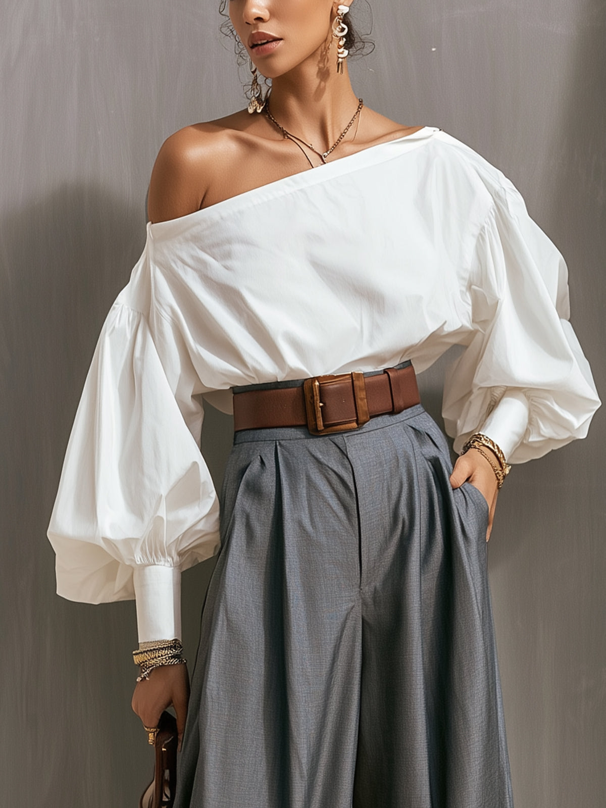 White Puff-sleeved Off-shoulder Top And Gray High-waisted Wide-leg Pants Suit(with belt)